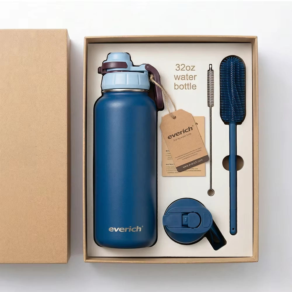 32Oz 40Oz Custom Logo Wide Mouth Vacuum Flasks Food Grade 18/8 Stainless Steel Water Bottle 1 Liter with Two Lid for Gym