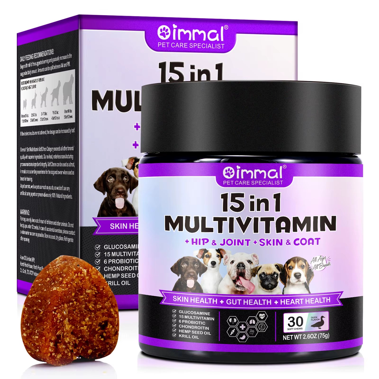Oimmal 30 Soft Chews Vitamin Supplements 15-In-1 Multivitamin Chews Immunity Digestion Joint and Heart Health Support for Dogs