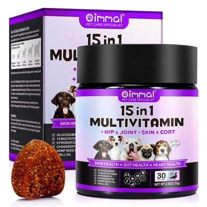 Oimmal 30 Soft Chews Vitamin Supplements 15-In-1 Multivitamin Chews Immunity Digestion Joint and Heart Health Support for Dogs