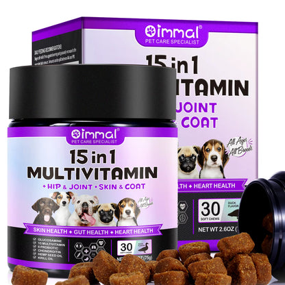 Oimmal 30 Soft Chews Vitamin Supplements 15-In-1 Multivitamin Chews Immunity Digestion Joint and Heart Health Support for Dogs