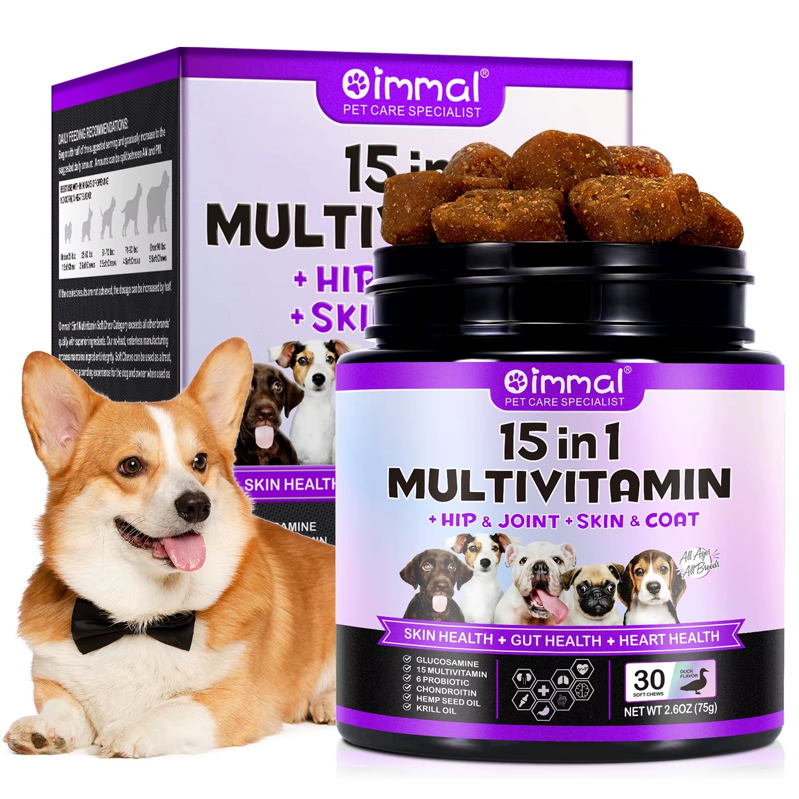 Oimmal 30 Soft Chews Vitamin Supplements 15-In-1 Multivitamin Chews Immunity Digestion Joint and Heart Health Support for Dogs