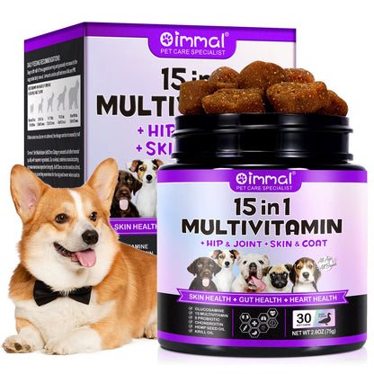 Oimmal 30 Soft Chews Vitamin Supplements 15-In-1 Multivitamin Chews Immunity Digestion Joint and Heart Health Support for Dogs