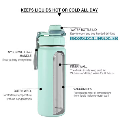 32Oz 40Oz Custom Logo Wide Mouth Vacuum Flasks Food Grade 18/8 Stainless Steel Water Bottle 1 Liter with Two Lid for Gym