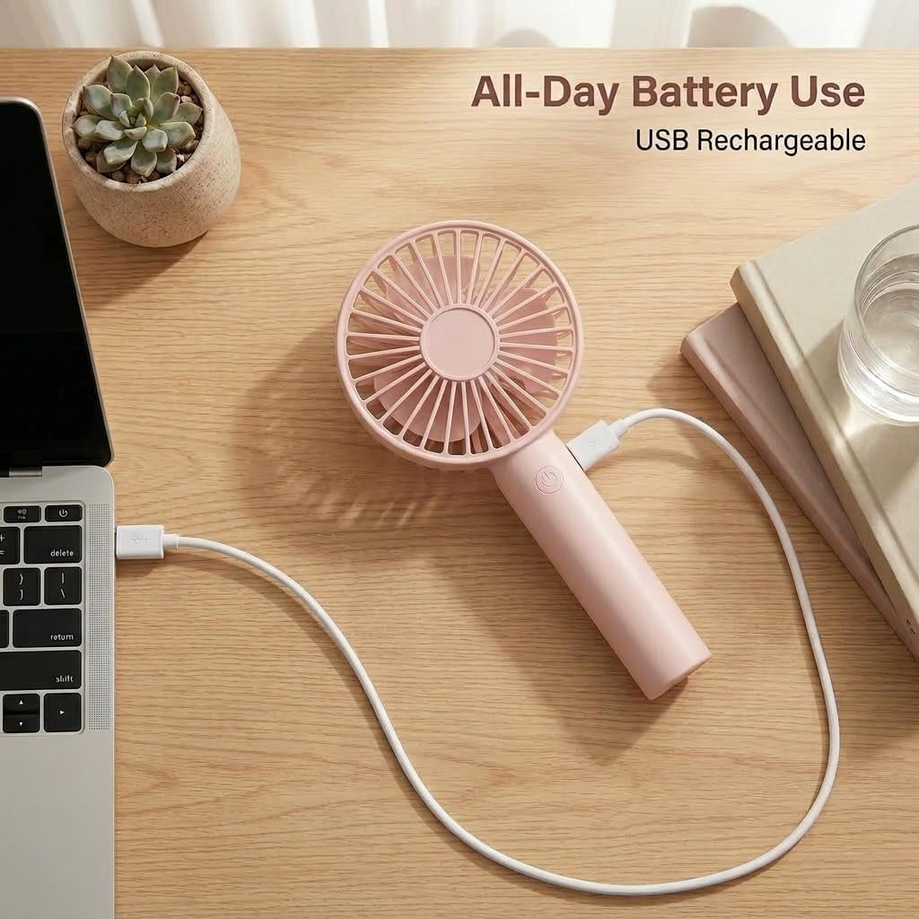 Portable Handheld Fan 2 Pack, USB Rechargeable Mini Fan, Ultra Quiet, 3 Speeds with Phone Holder Base, All Day Battery for Outdoor Indoor (Pink)