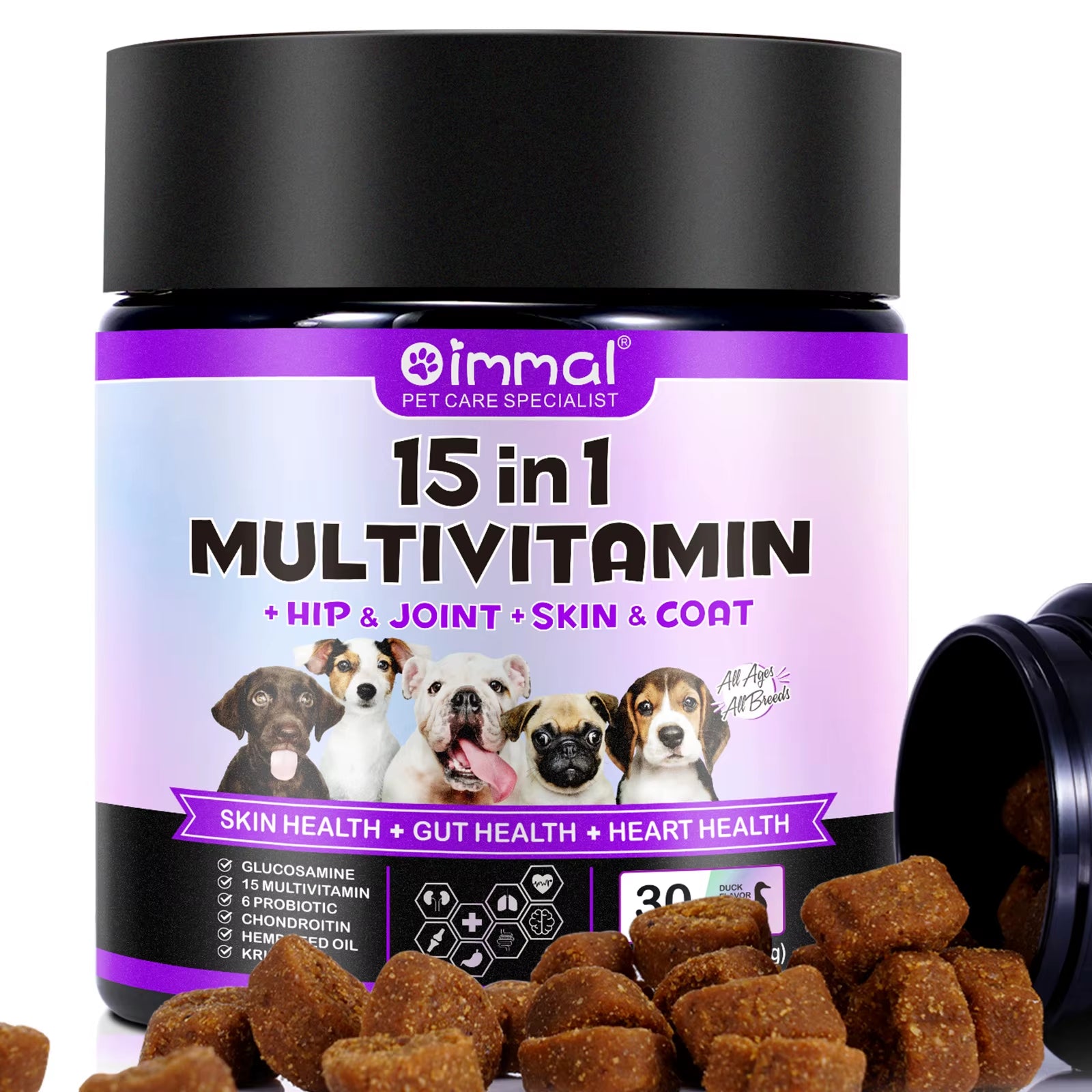 Oimmal 30 Soft Chews Vitamin Supplements 15-In-1 Multivitamin Chews Immunity Digestion Joint and Heart Health Support for Dogs
