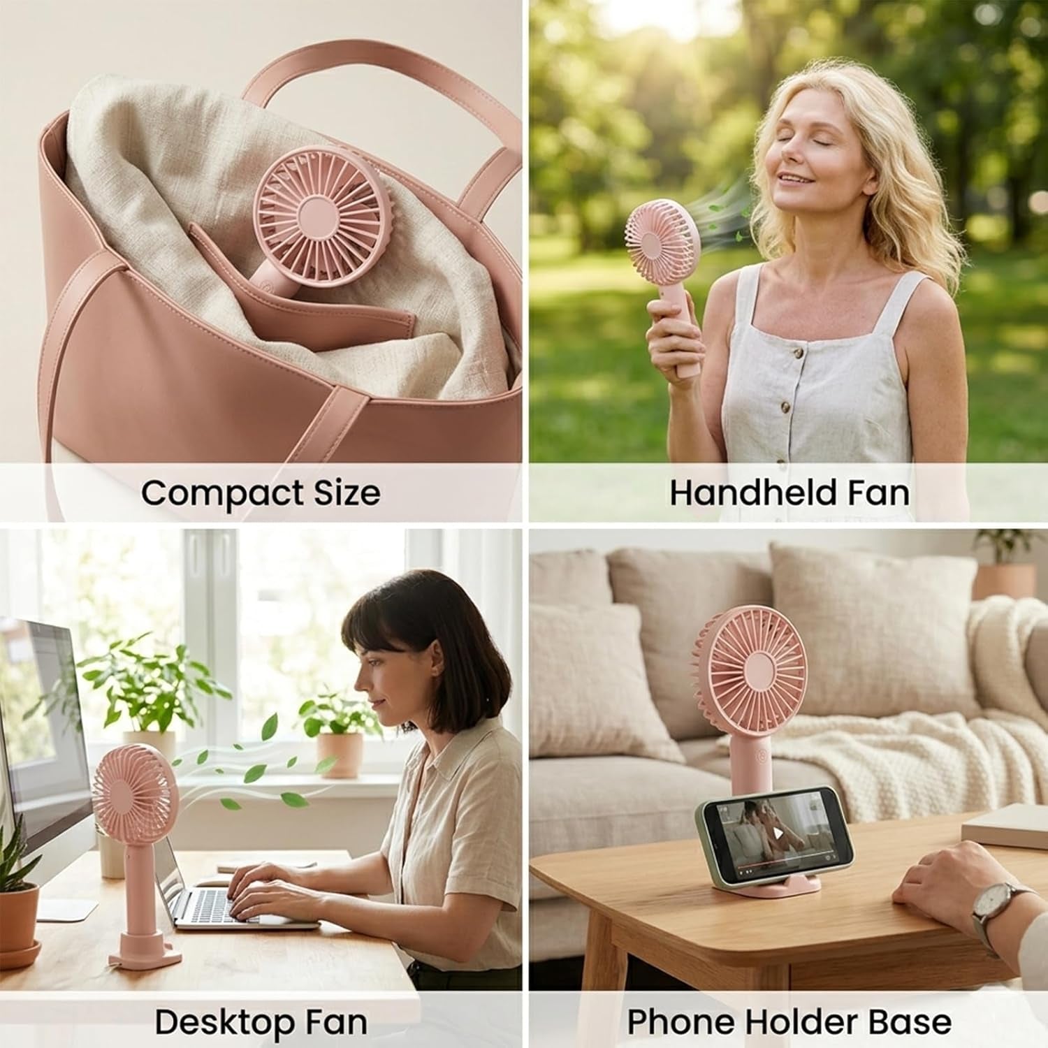 Portable Handheld Fan 2 Pack, USB Rechargeable Mini Fan, Ultra Quiet, 3 Speeds with Phone Holder Base, All Day Battery for Outdoor Indoor (Pink)