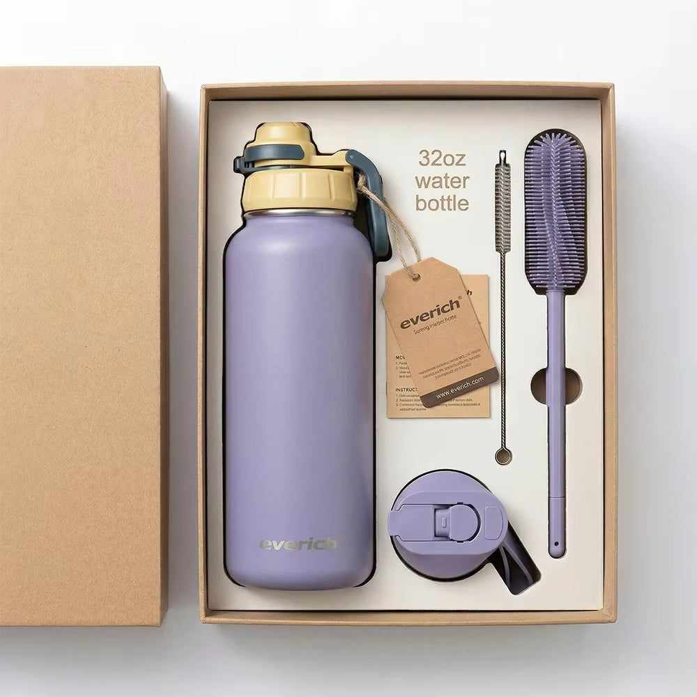 32Oz 40Oz Custom Logo Wide Mouth Vacuum Flasks Food Grade 18/8 Stainless Steel Water Bottle 1 Liter with Two Lid for Gym