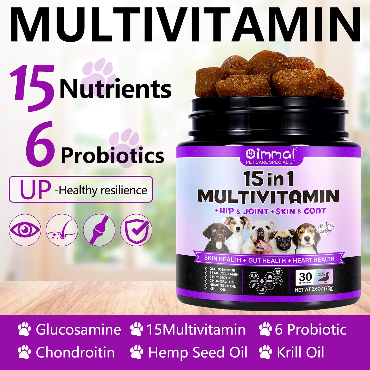 Oimmal 30 Soft Chews Vitamin Supplements 15-In-1 Multivitamin Chews Immunity Digestion Joint and Heart Health Support for Dogs