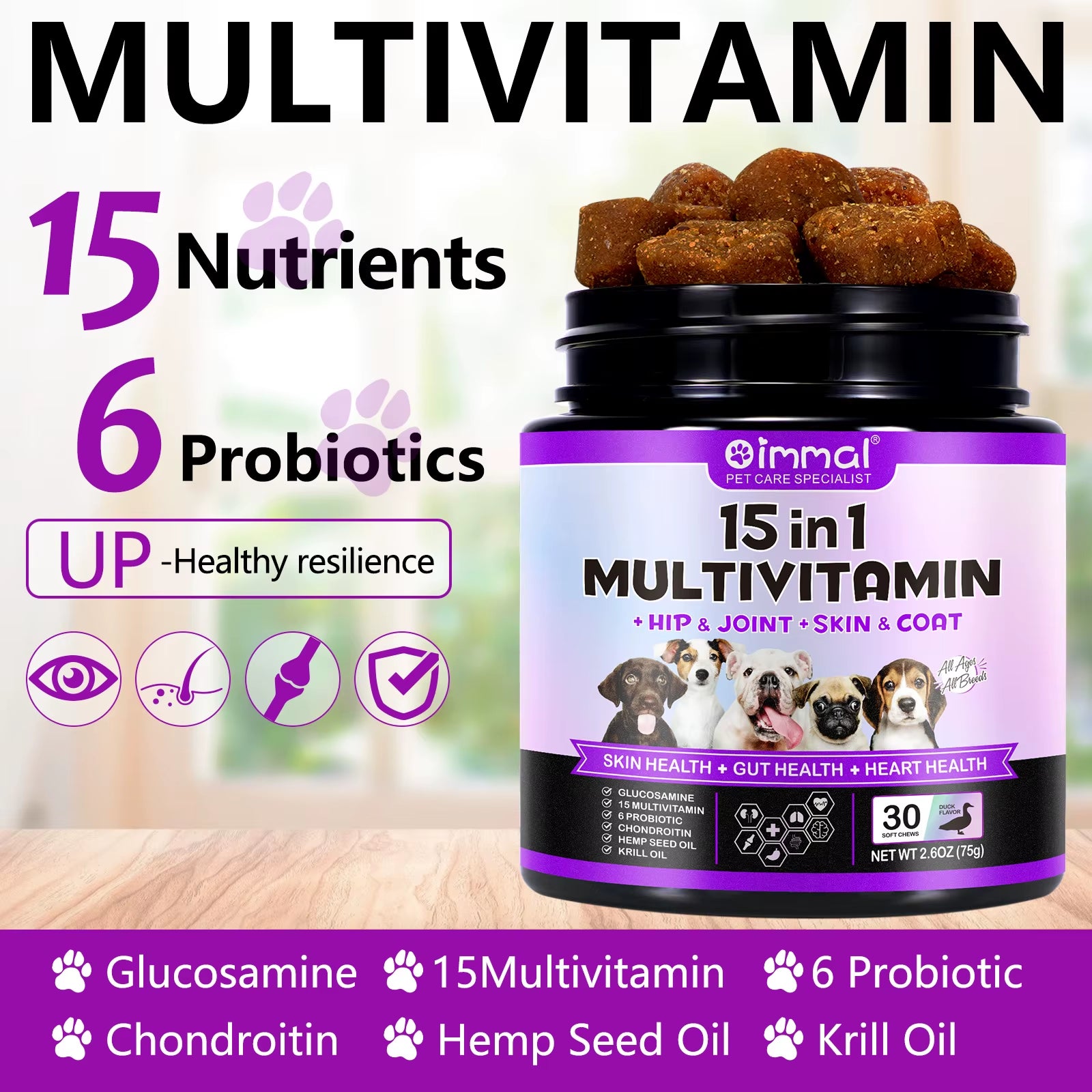 Oimmal 30 Soft Chews Vitamin Supplements 15-In-1 Multivitamin Chews Immunity Digestion Joint and Heart Health Support for Dogs