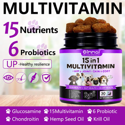 Oimmal 30 Soft Chews Vitamin Supplements 15-In-1 Multivitamin Chews Immunity Digestion Joint and Heart Health Support for Dogs