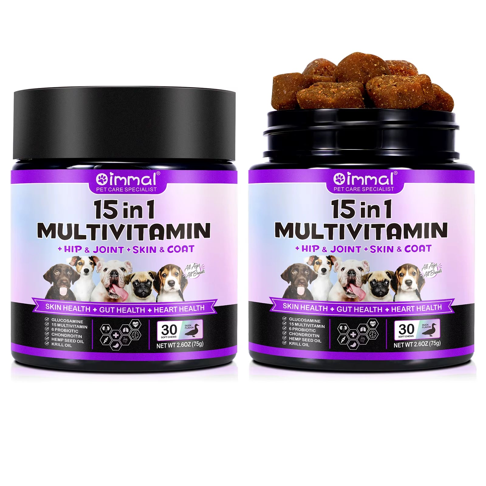Oimmal 30 Soft Chews Vitamin Supplements 15-In-1 Multivitamin Chews Immunity Digestion Joint and Heart Health Support for Dogs