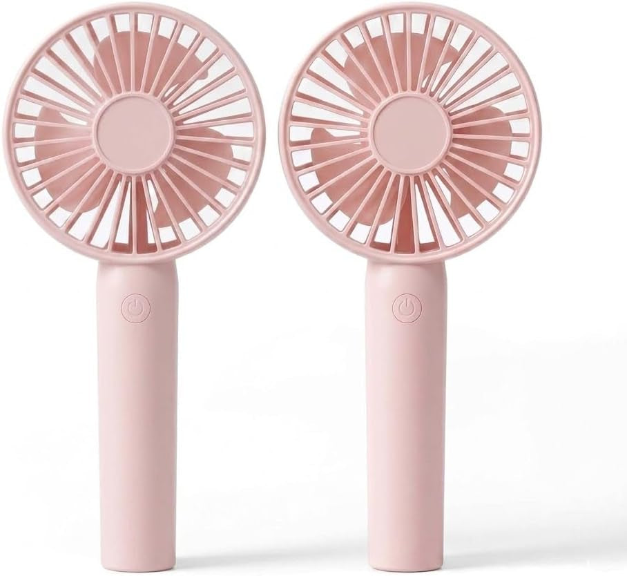 Portable Handheld Fan 2 Pack, USB Rechargeable Mini Fan, Ultra Quiet, 3 Speeds with Phone Holder Base, All Day Battery for Outdoor Indoor (Pink)