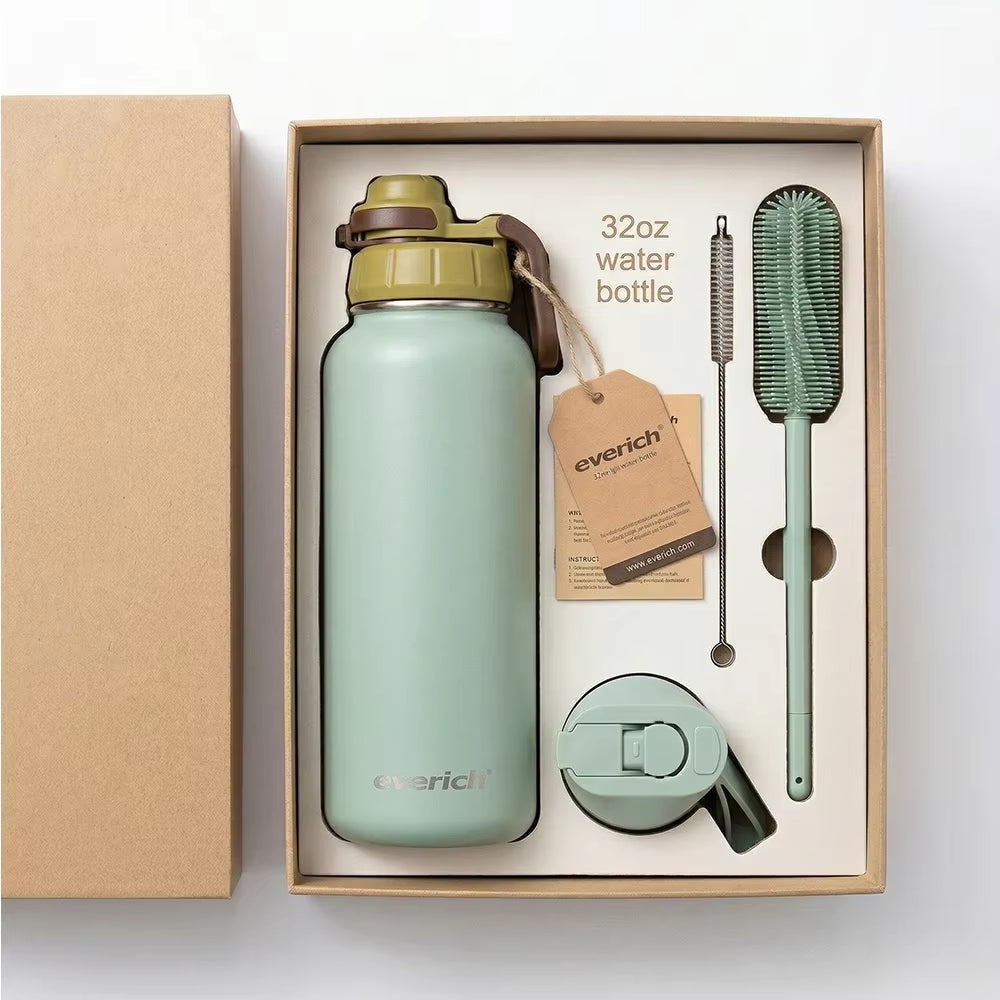 32Oz 40Oz Custom Logo Wide Mouth Vacuum Flasks Food Grade 18/8 Stainless Steel Water Bottle 1 Liter with Two Lid for Gym